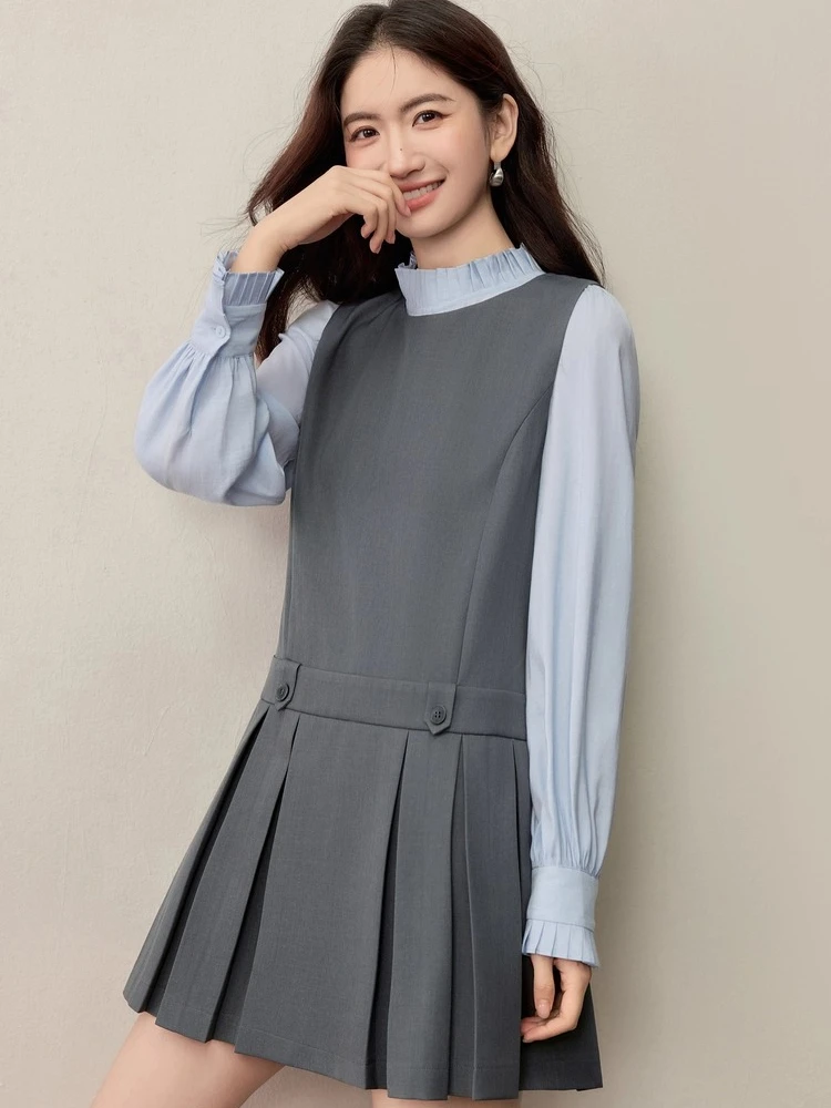 

SENTUBILA Women's Gray Sleeveless Pleated A-Line Dress 2025 Autumn New O-Neck Commuter Minimalist Dress 153LI3045