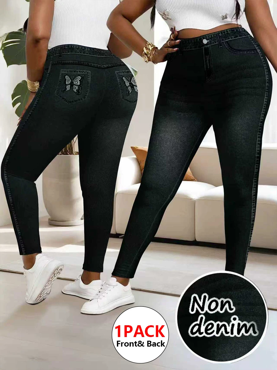 

Plus Size Women's High Waist Skinny Leggings, Butterfly Embroidered Back Pocket Slim Fit Pants, Non-Denim Casual Trousers