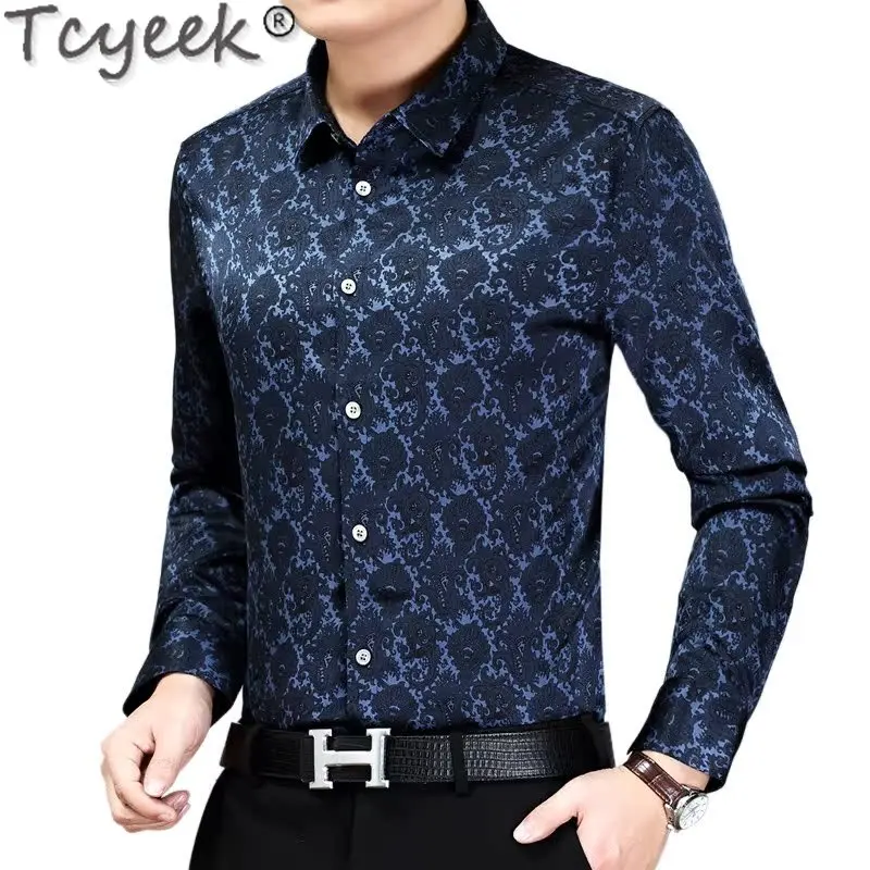 

Tcyeek 90% Real Mulberry Silk Shirt Men Business Casual Mens Shirts Spring Autumn Clothes Fashion Long Sleeve Top 2024 Slim Fit