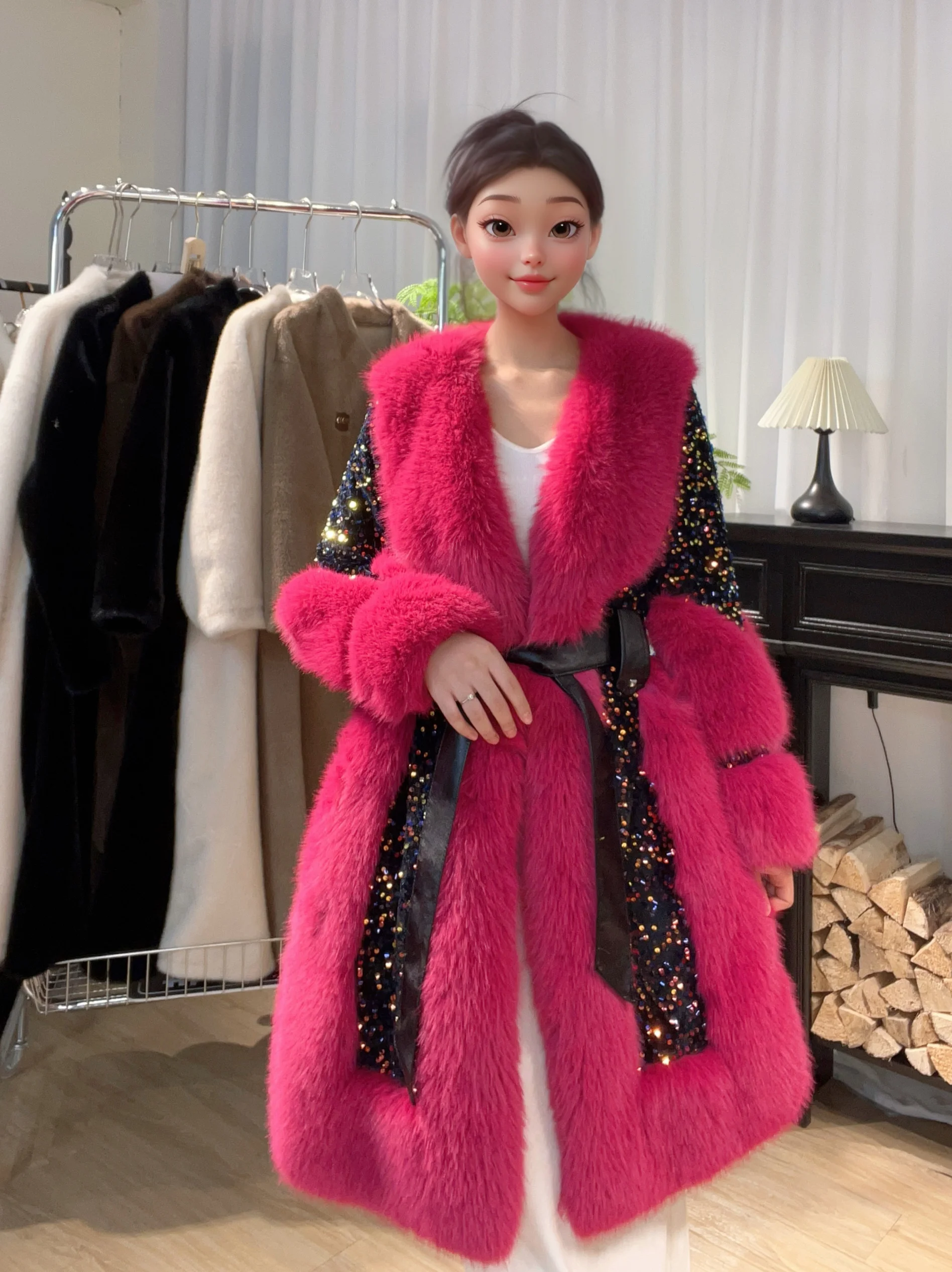 Winter Thickened Environmentally Friendly Fur Coating 2024 Heavy Industry Sequins Looks Young Luxury Faux Fur Coat Women