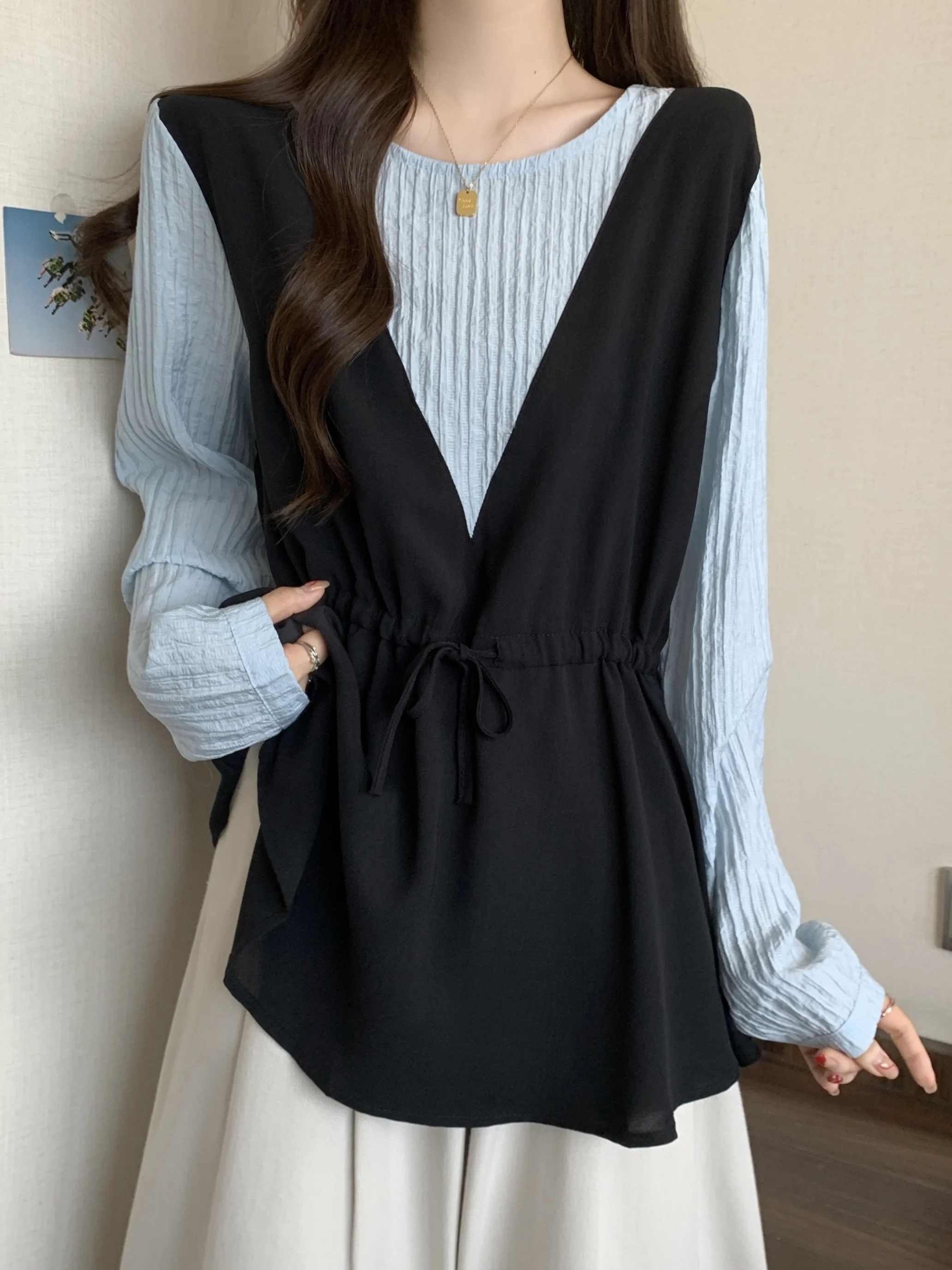 Slimming V-Ne Long Sve irt Women's plus Size Casual Sle Patchwork Top Belly Covering Waist-Cinching Autumn Faion