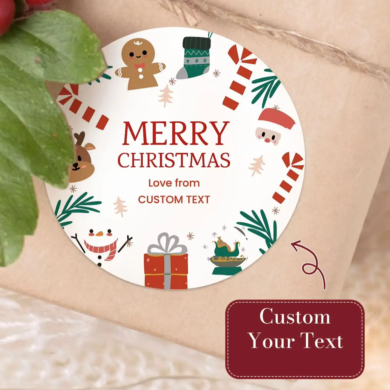 1/50/100PCS Personalized Christmas Round Stickers, Custom Text Xmas Favor Labels, Holiday Winter Party Decor