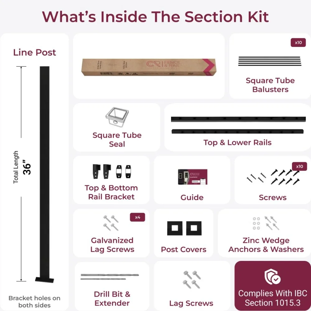 Vertical Guard Rail Kit for Deck and Porch, 6 Feet Wide x 36 Inches High, DIY Railing Balusters Set with Middle Post and Bracket