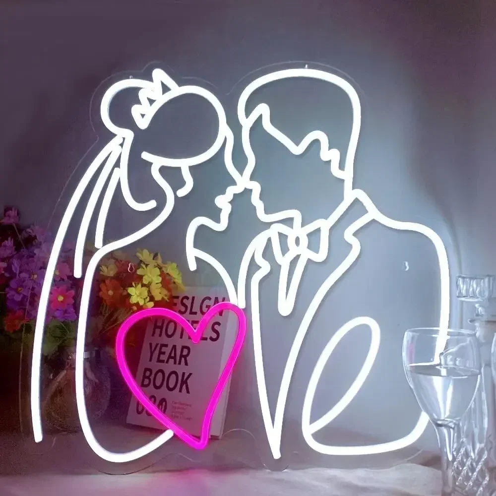Bride Groom Kiss Neon Sign White Pink LED Wall Art Wedding Couple Heart Glow USB Powered Dimmable Acrylic Lamp Romantic Decor