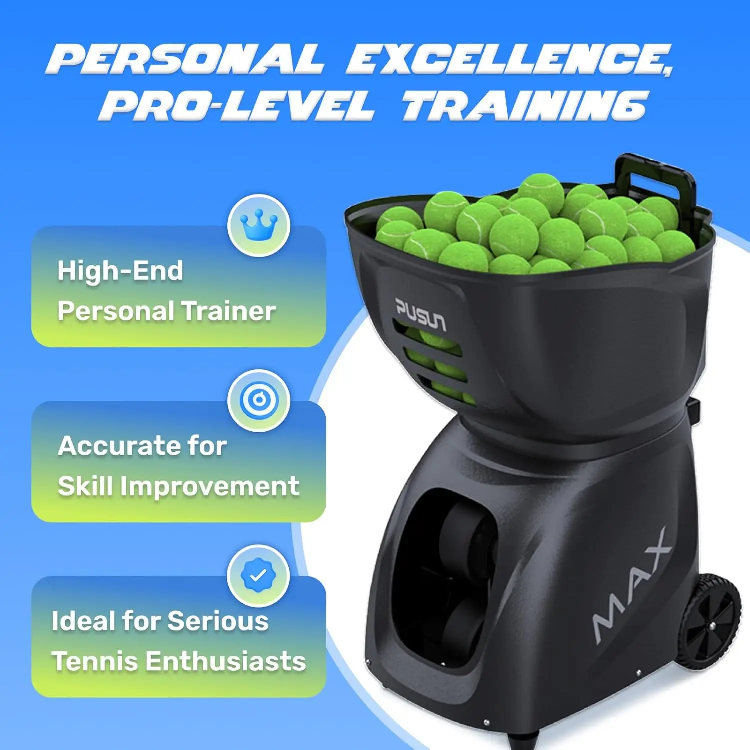 Pusun PT-MAX C Portable Tennis Ball Launcher ABS Machine Ball Thrower with App/Remote Control for Padel Training