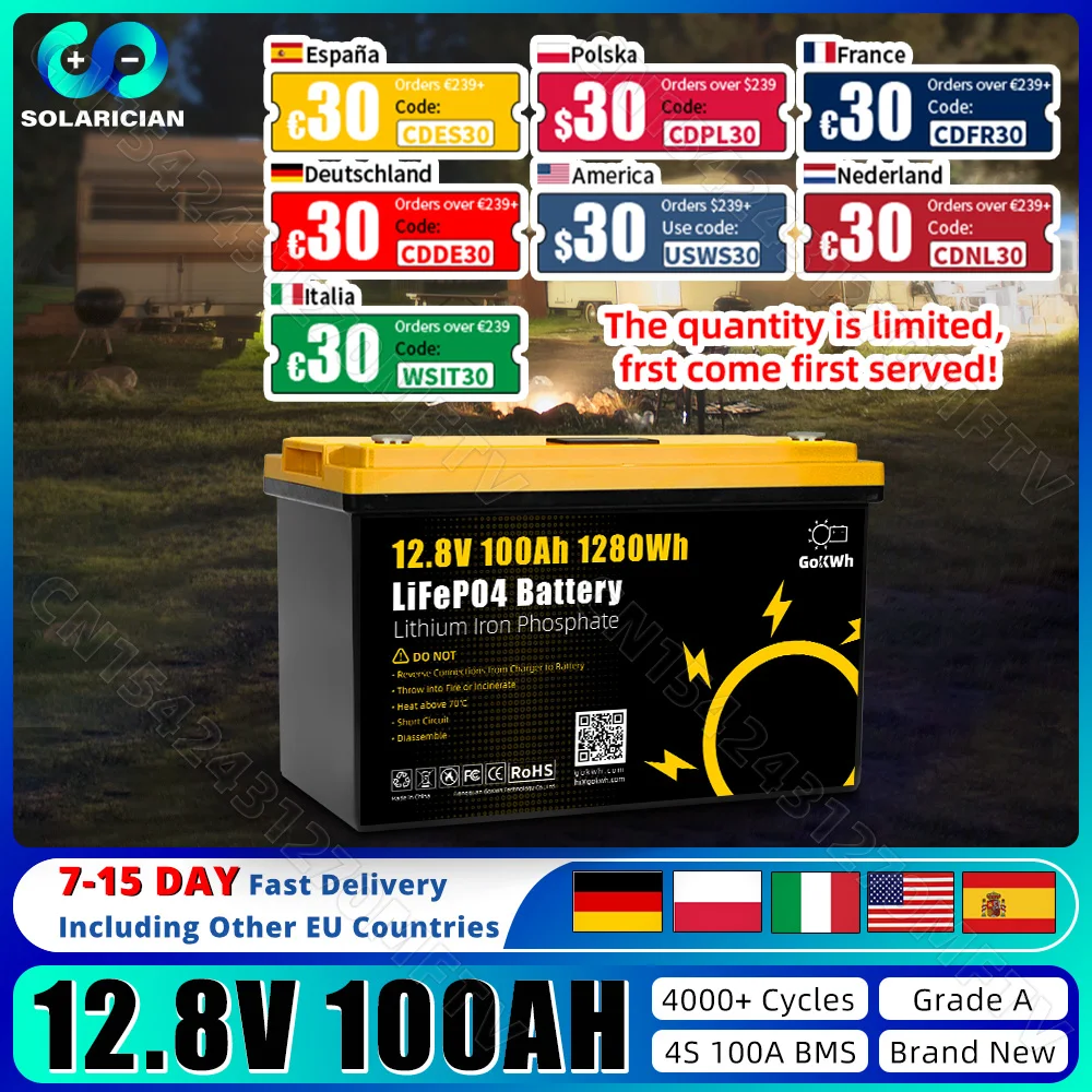 New Grade A 12V 100Ah LiFePO4 Battery Pack 1.28KWh 12.8V 4S 100A BMS Solar Energy Rechargeable Cell Pack For RV EV Golf Cart Van