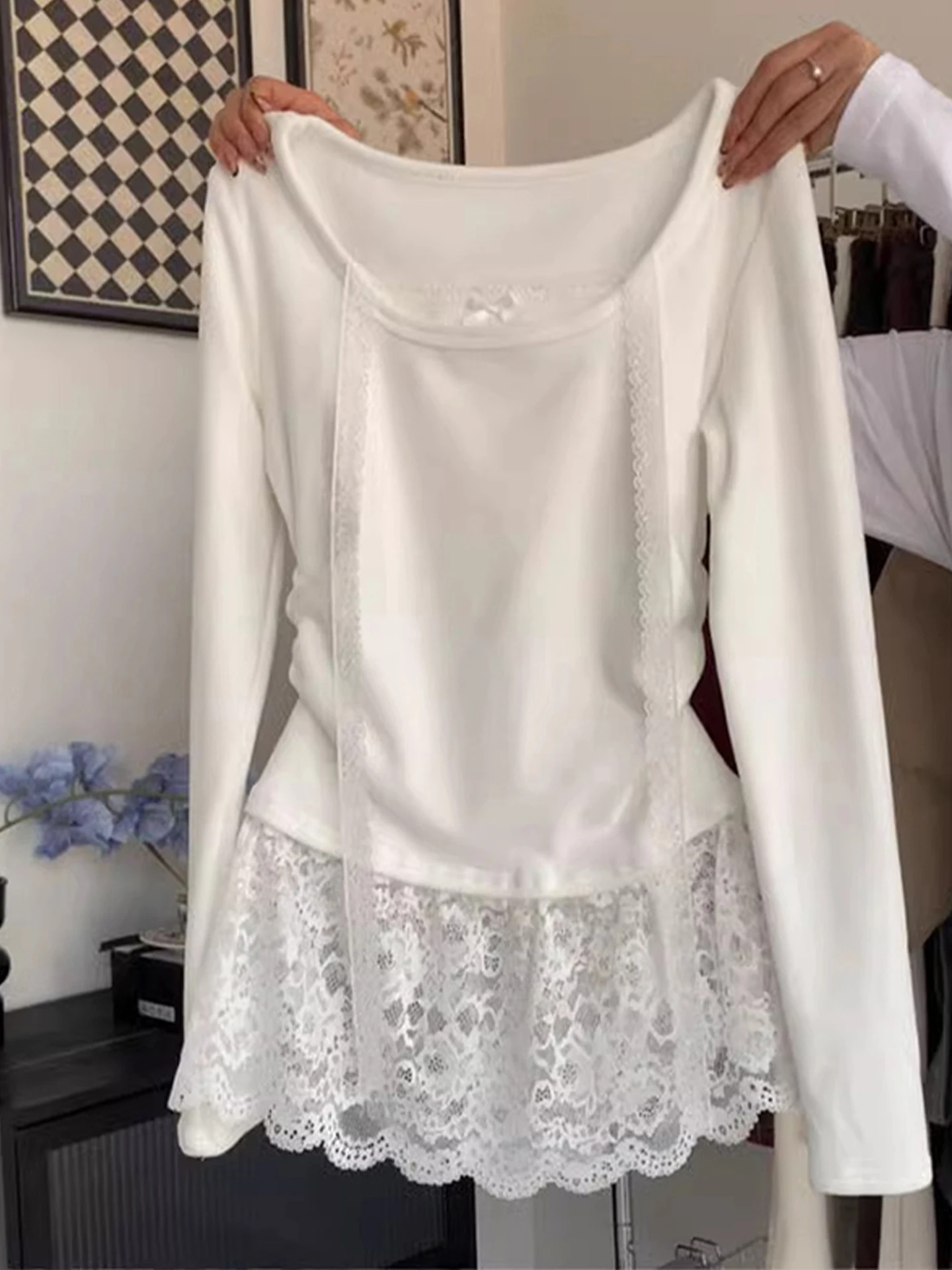 

Fce Lined Lace Collar Long Sve T-irt Women's Base irt Inner Wear Autumn Winter round Ne Pullover Top