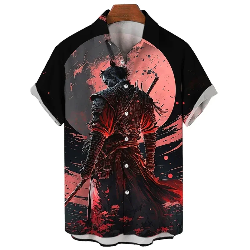 

Гавайская рубашка Warrior Graphic для мужчин, топ с коротким рукавом и 3D-принтом самурая в японском стиле, Повседневная Уличная Одежда большого размера, блузка с лацканами