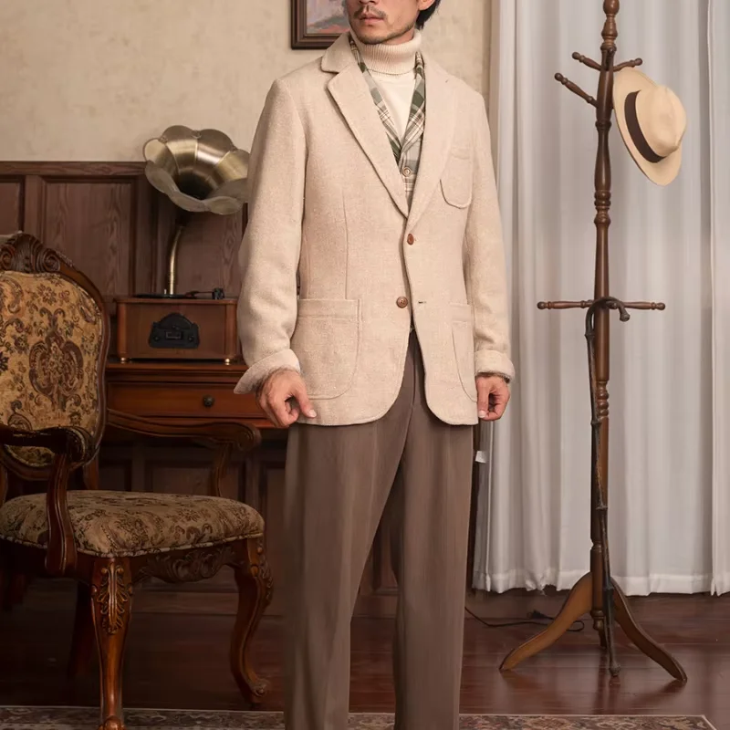 

British Style Retro Wool Blended Herringbone Patterned Suit Jacket Men's Single Breasted Winter High-end Business Formal Suit