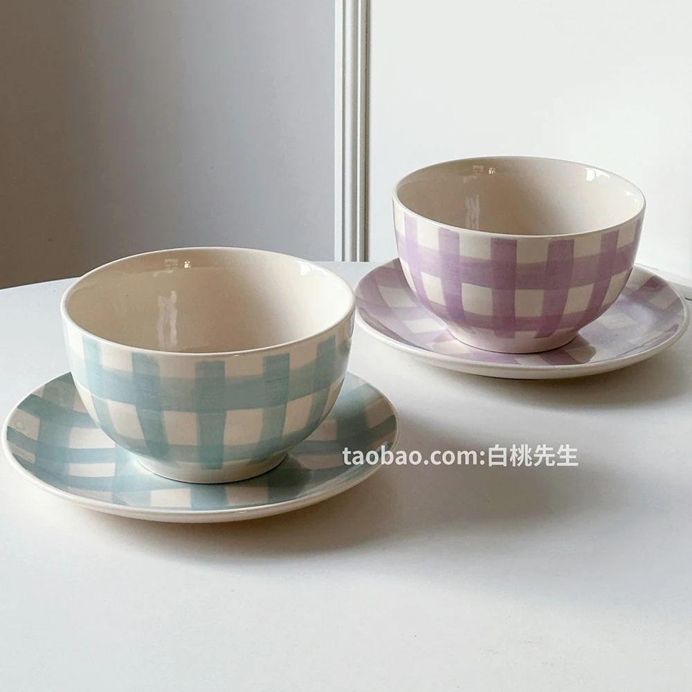 Chic Plaid Ceramic Bowls Plates Home Kitchen Tableware Set Glossy Under Glazed Grid Pattern Dining Dessert Platter Plate Bowl