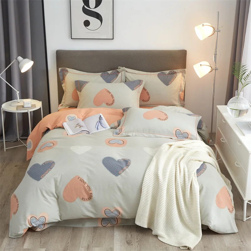 Thickened Four Piece Set of Pure Cotton Bed Sheets, Quilt Covers, Printed Autumn and Winter All Cotton Bedding