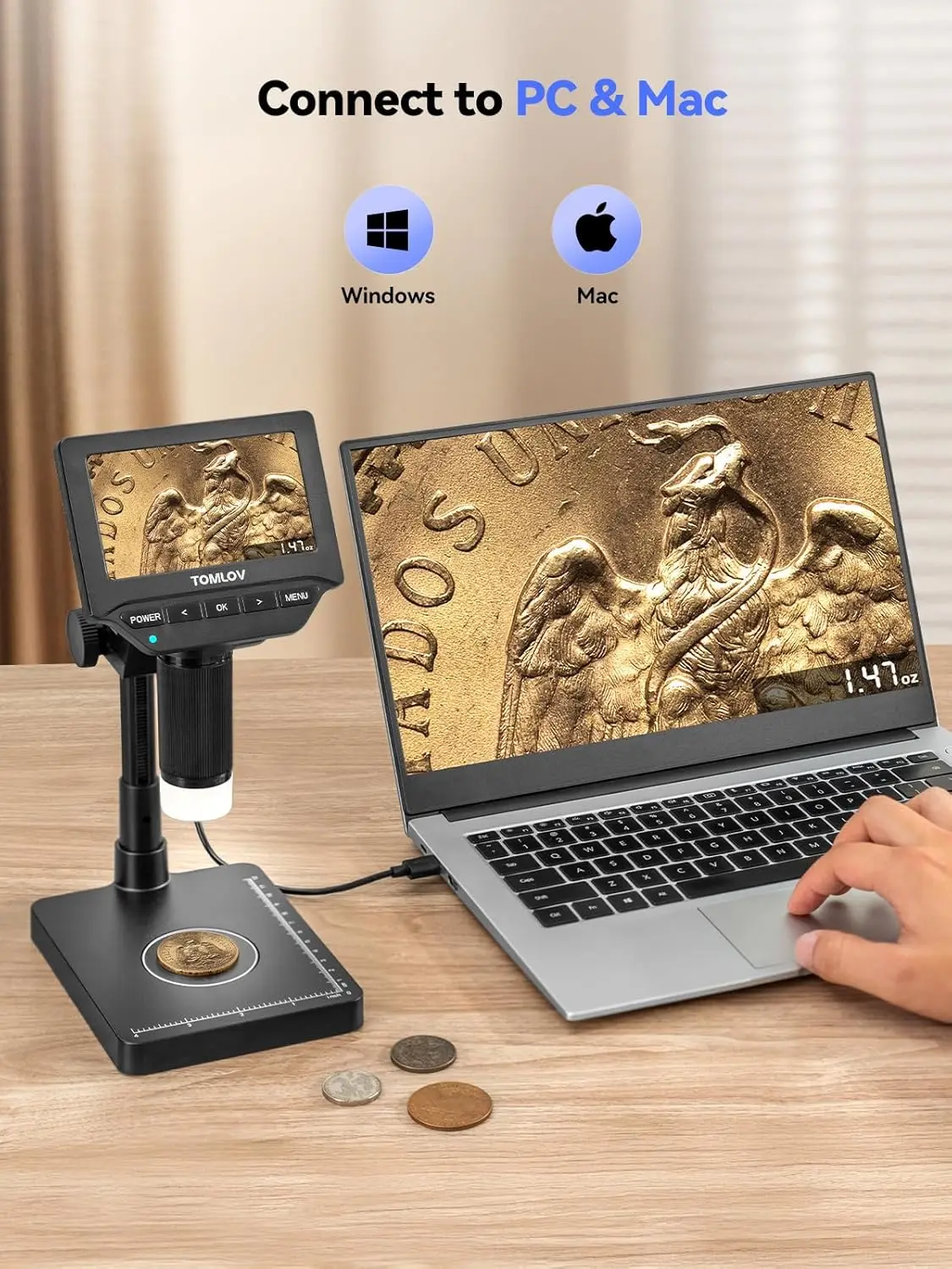 TOMLOV Digital Microscope DM4W Microscopio Electrónica Weighing Scale Error Coin Magnifier Lupa For Student/Jeweler Windows/Mac