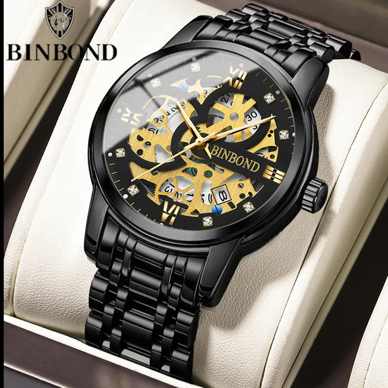 BINBOND B6656 New Luxury Business Quartz Men Watches 30M Waterproof  Luminous Tourbillon Trendy Hollow Design Elite Men Watches