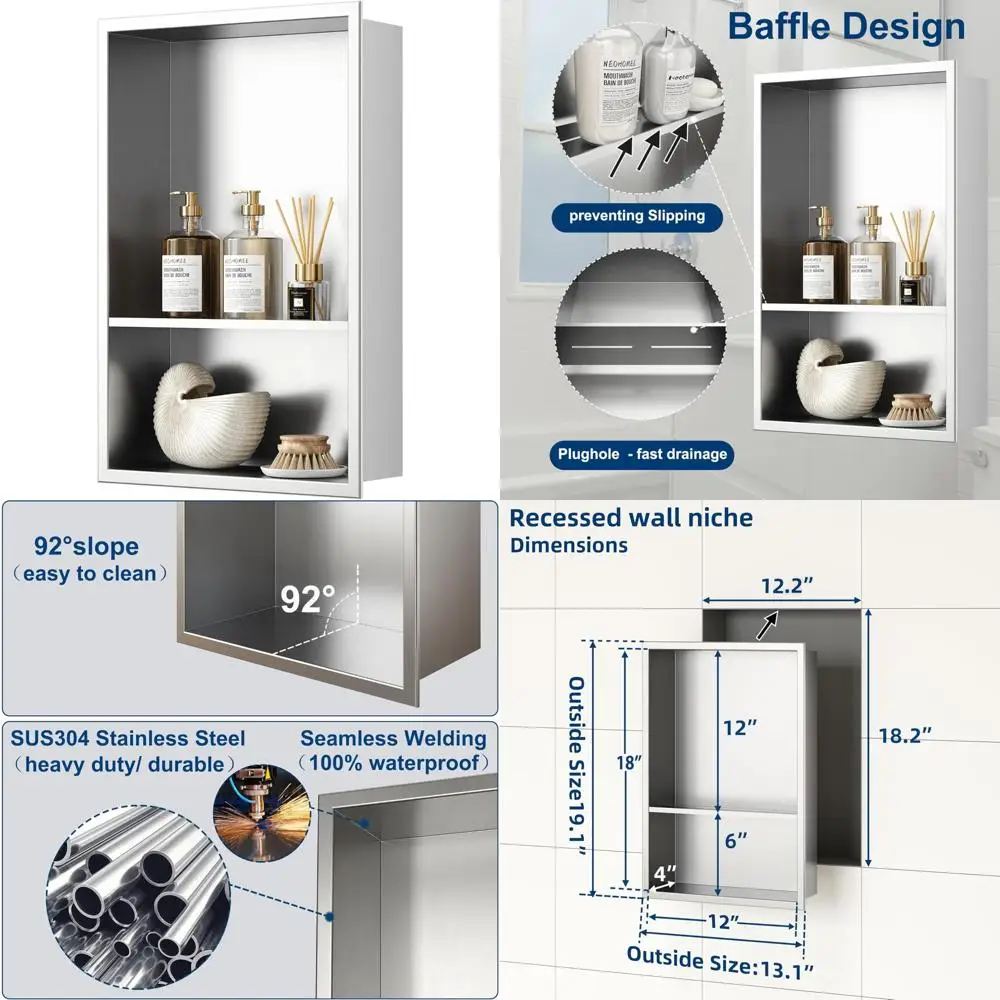 

Double Shelf Stainless Steel Shower Niche, 12x18 Inch Brushed Finish, No Tile Required, Recessed Bathroom Cabinet