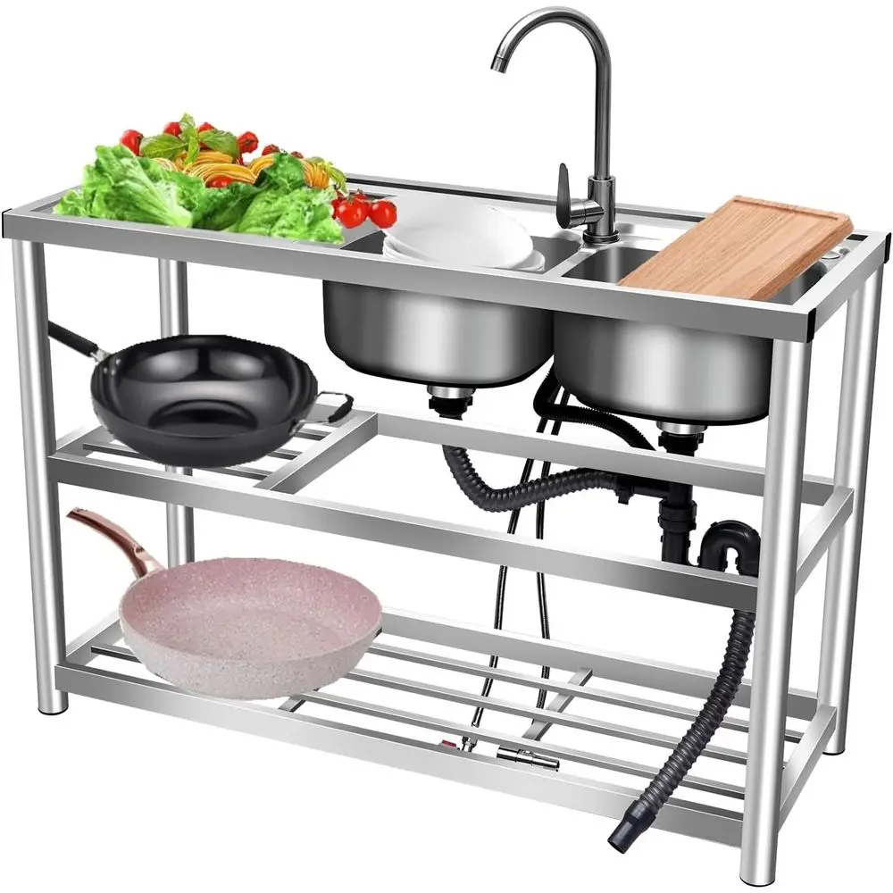 Free-Standing Stainless Steel Double Bowl Utility Sink with Hot/Cold Faucet and Storage Shelves for Commercial Use