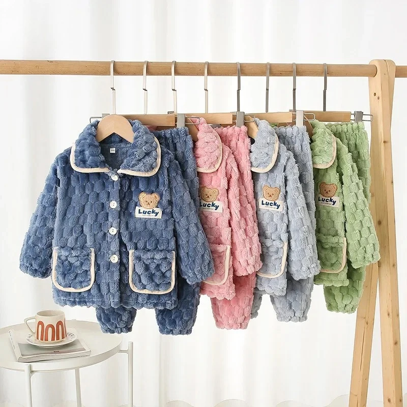 Kids Boys Girls Autumn Winter Flannel Thicken Pajamas Baby Cartoon Long Sleeve Lapel Tops with Pants Sleeping Clothing Sets