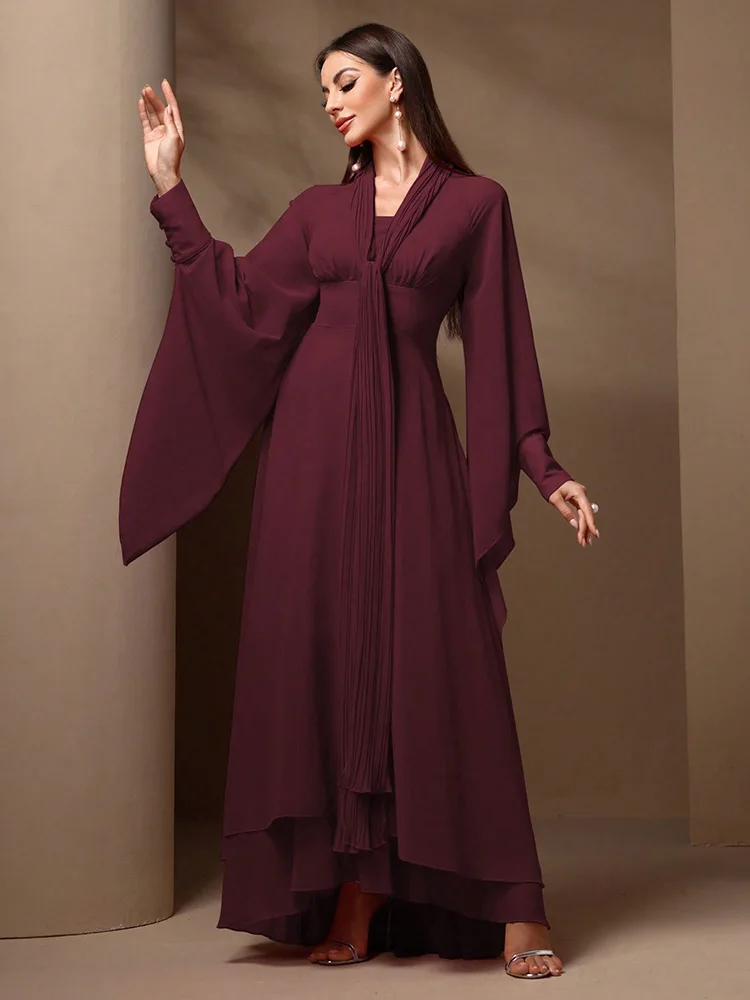 TOLEEN Women Solid Color Bell Sleeve Fit and Flare Chiffon Dress 2024 New Summer Spring Luxury Elegant Formal Party Maxi Dresses