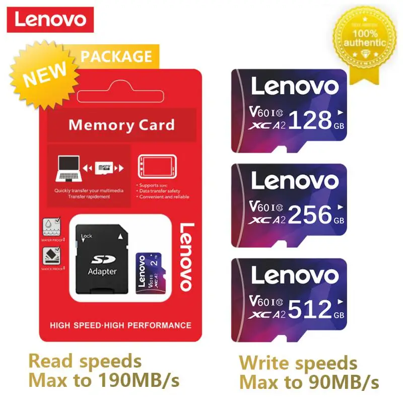 Lenovo การ์ดหน่วยความจำ SD 2TB 128GB 512GB Micro TF SD Card 64GB 256GB 1TB sd/tf การ์ดหน่วยความจำแฟลชสำหรับโทรศัพท์กล้อง Ps4พร้อมอะแดปเตอร์