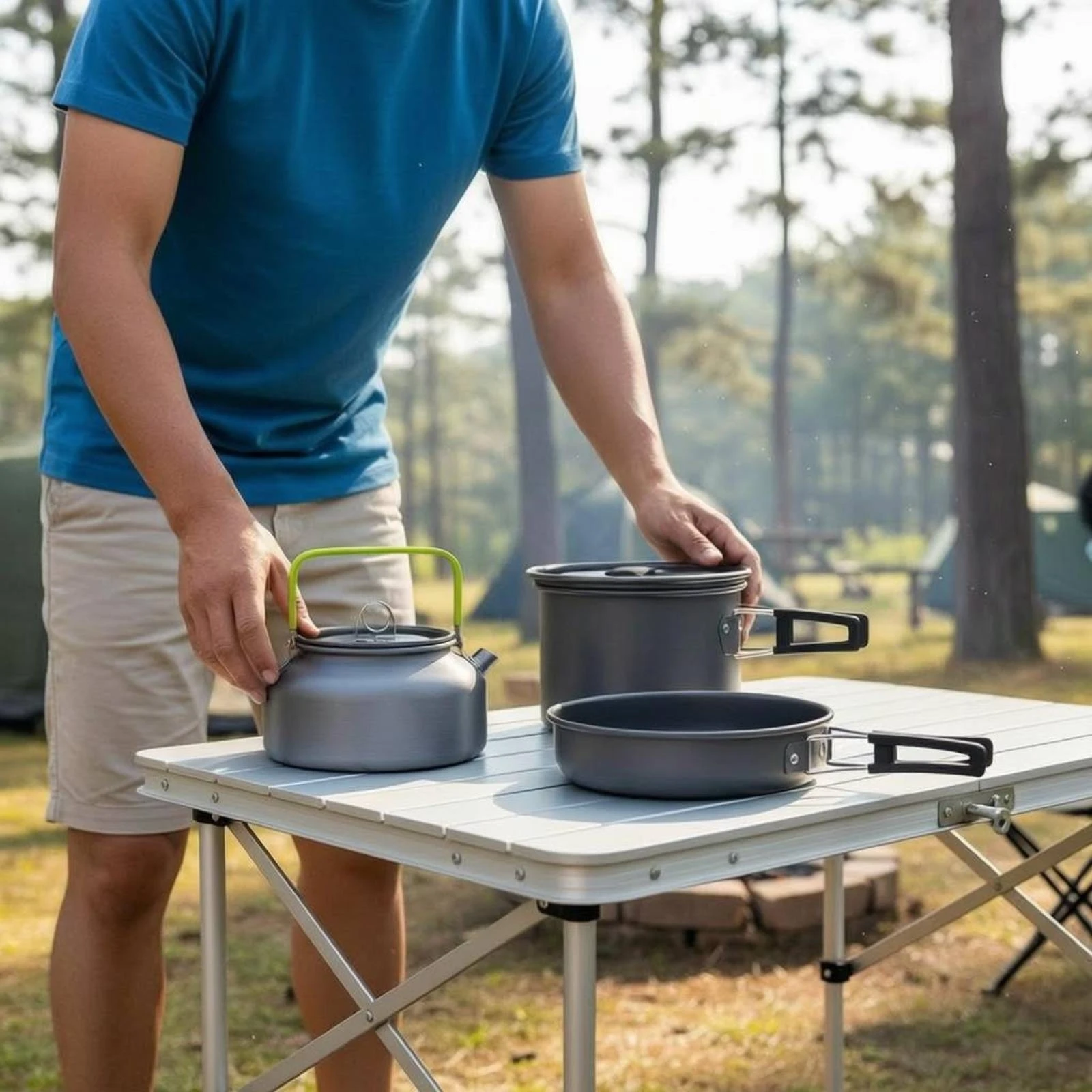 

Camping Pot and Kettle Set Space Saving Portable Camping Cookware Kit Stackable Outdoor Cooking Set Hard-Anodized Aluminum