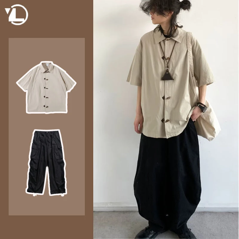 Summer Japanese Retro Set Mens Cowhide Button Tooling Shirt+Quick Drying Straight Leg Overalls Suits Casual College Couple 2-pcs