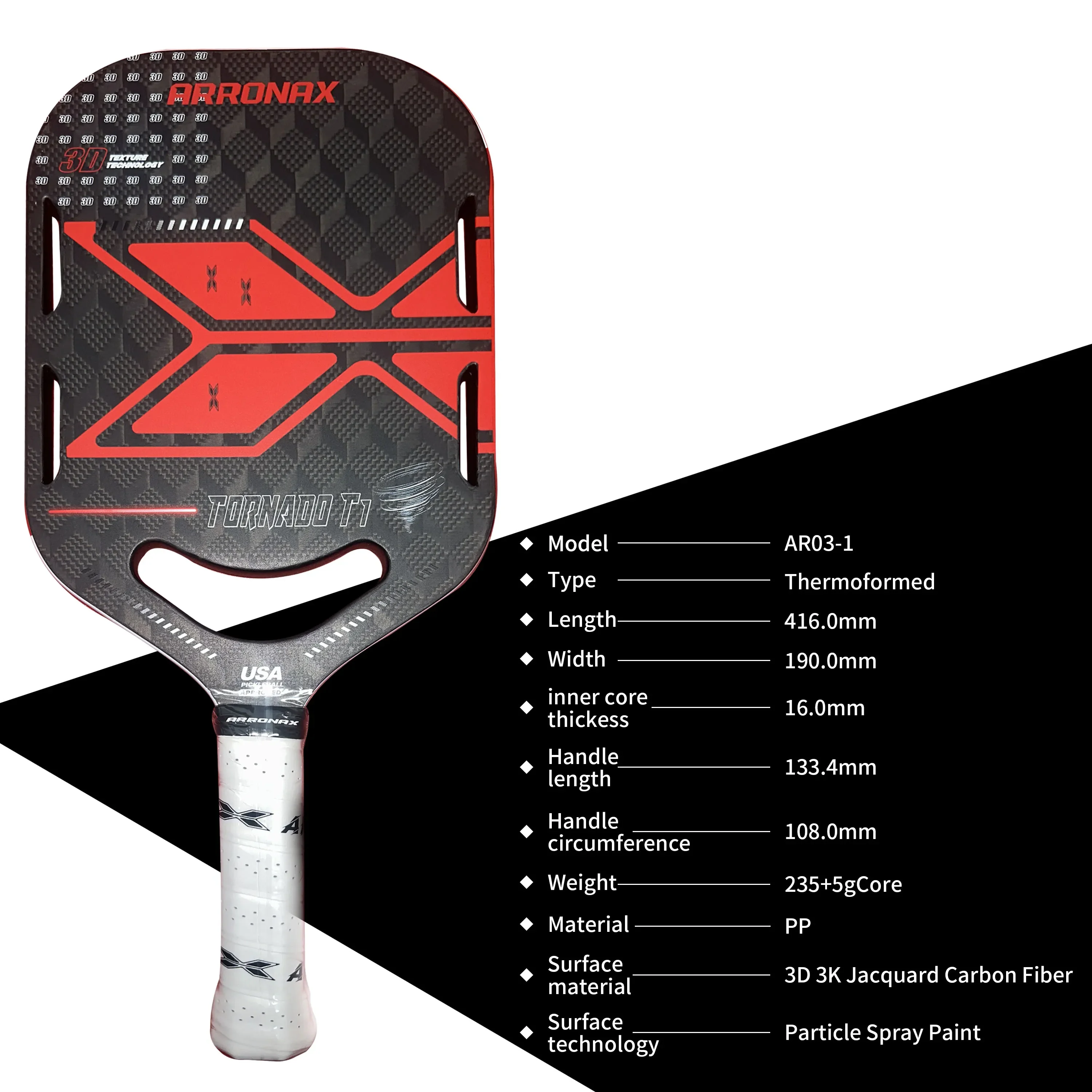 USAPA Elongated Pickleball Paddle, 3D Jacquard, Carbon Fiber Texture Surface, Edgeless Racket, 3K