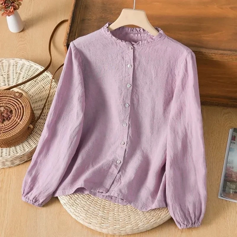 New Women's Blouse 2026 Spring Summer Age-reducing Versatile Ladies Tops Retro Cotton And Linen Long-sleeved Lady Shirt