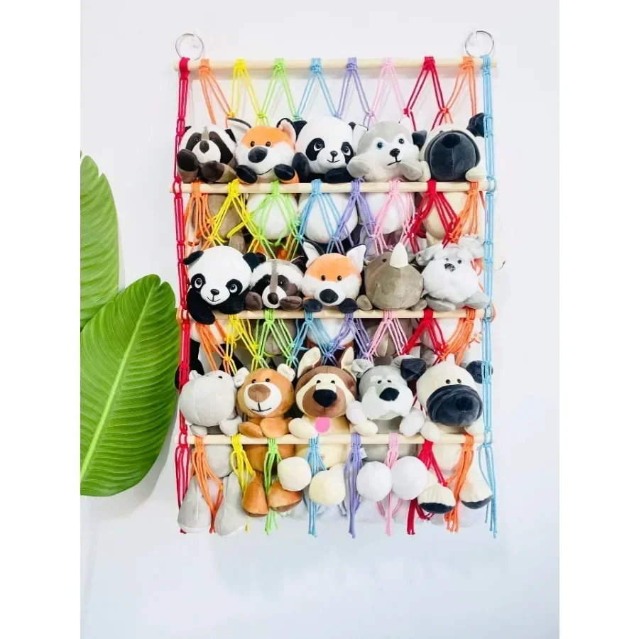 1-4Tier Macrame Stuffed Animal Storage Hammock Wooden Holder Boho Stuffed Storage Organizer Net Racks for Nursery Wall Decor