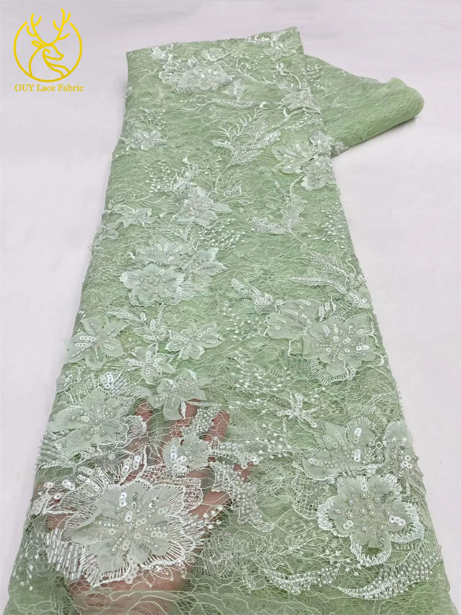 Neuer Stil Afrikanischer 3D-Stickerei-Perlen-Blumen-Spitzenstoff 2026 Französischer Pailletten-Spitzenstoff zum Nähen von Brautkleidern und Partykleidern – Detail 19
