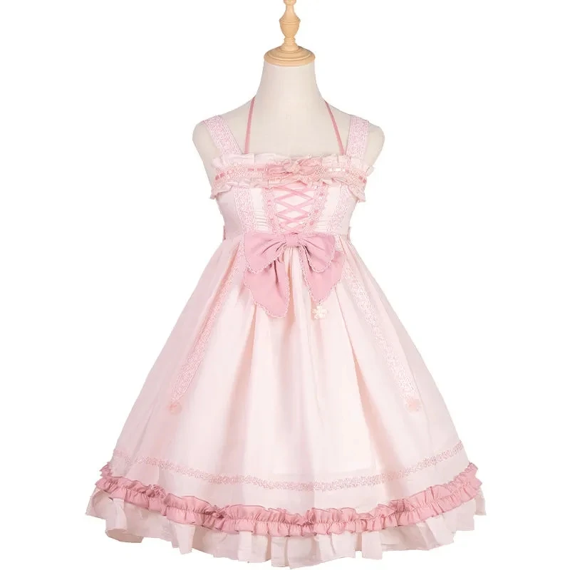 Francês doce romântico jsk lolita cosplay bonito menina conto de fadas malha laço flor sem costas babados cor sólida princesa vestido