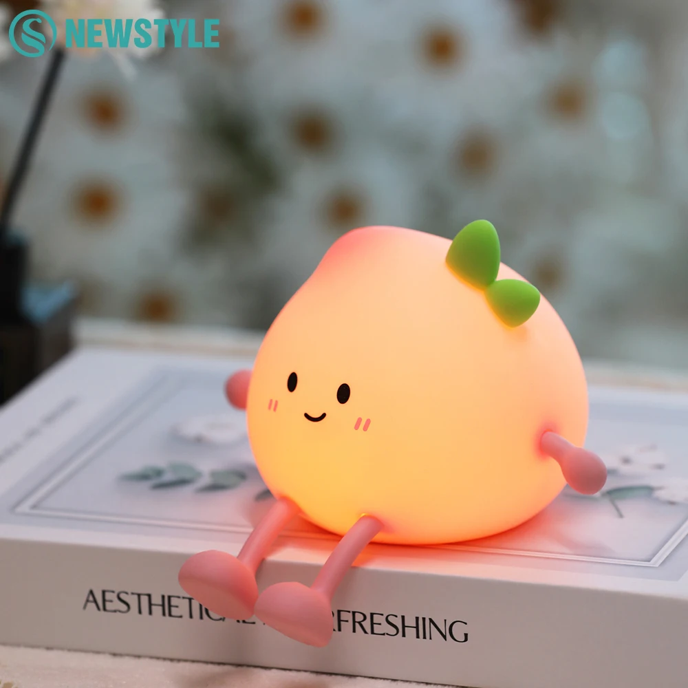 Cute Silicone Peach Night Light Rechargeable LED Nursery Nightlight 7 Colors Tap Control Bedside Lamp for Bedroom Christmas Gift