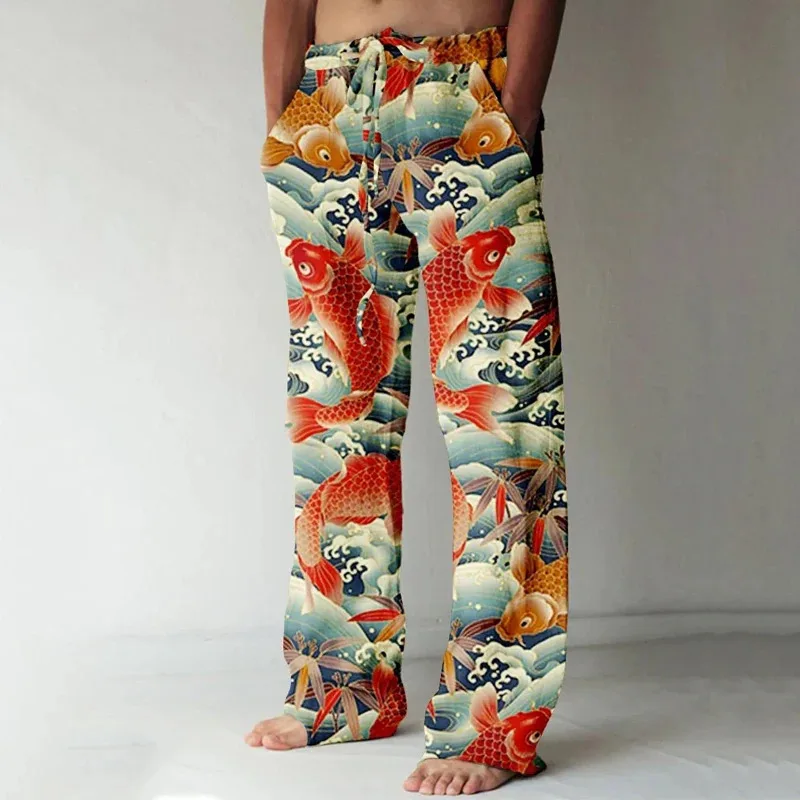 Summer Men's Fashion Trend 3D Printed Wide Leg Pants Hawaiian Style Beach Pants Vacation Casual Loose Pants