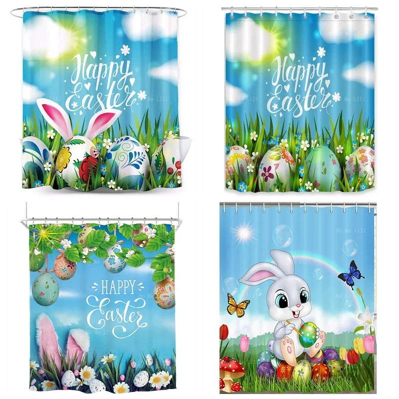 Easter Bunny Cute Funny Rabbit Eggs Religious Refreshing Spring Grassland April Happy Festival Colorful Shower Curtain