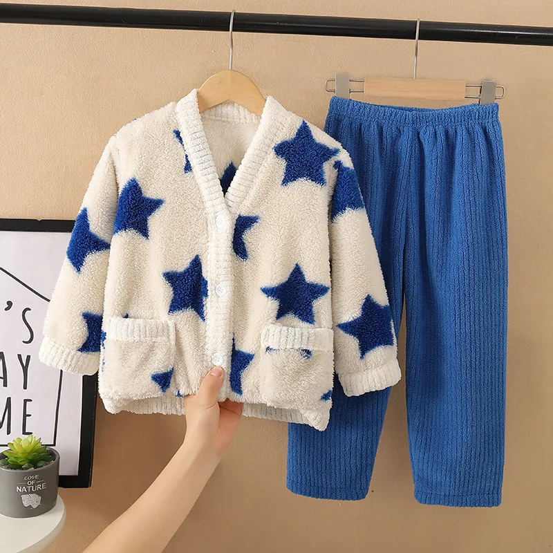 

Kids Autumn Winter Flannel Warm Pajamas Sets Toddler Baby Five-pointed Star V-neck Pyjamas Homewear Boys Girls Casual Sleepwear