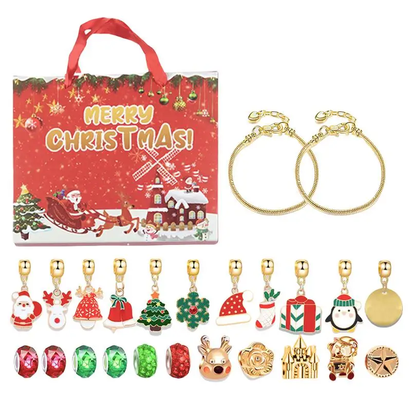 Advent Calendar Bracelet Making Kit 24Days Christmas Countdown Bracelet Set Charm Cute Christmas Supplies With 2 Bracelets