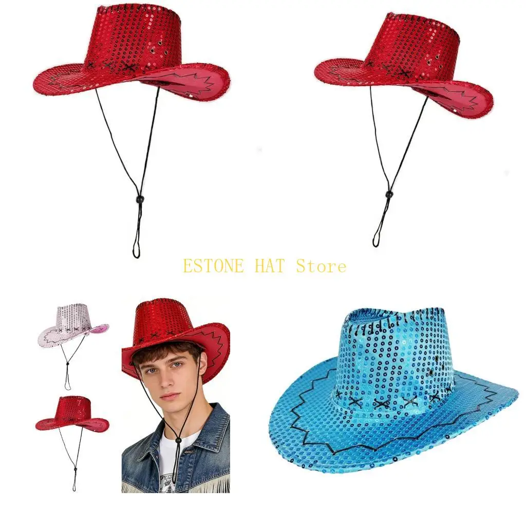 49MF Festival-Pailletten-Cowboyhüte mit glitzerndem Finish für Feierlichkeiten