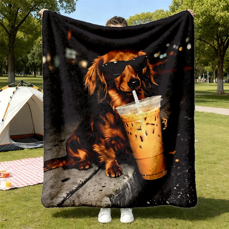 Dachshund Drinking Iced Coffee Cozy Blanket, Wiener Dog Warm Blanket, Sausage Dog Soft Blanket, Trendy Dog Unisex Comfy