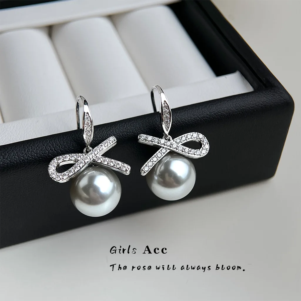 

Классические французские роскошные элегантные серьги-бантики с микроинкрустацией цирконами и серым жемчугом, модные ювелирные изделия оптом