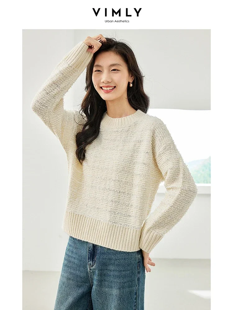 Vimly Apricot Striped Pullover Knitted Sweater Autumn O-neck Long Sleeve Tops for Woman 2023 Fall New Loose Knitwear Women 72269