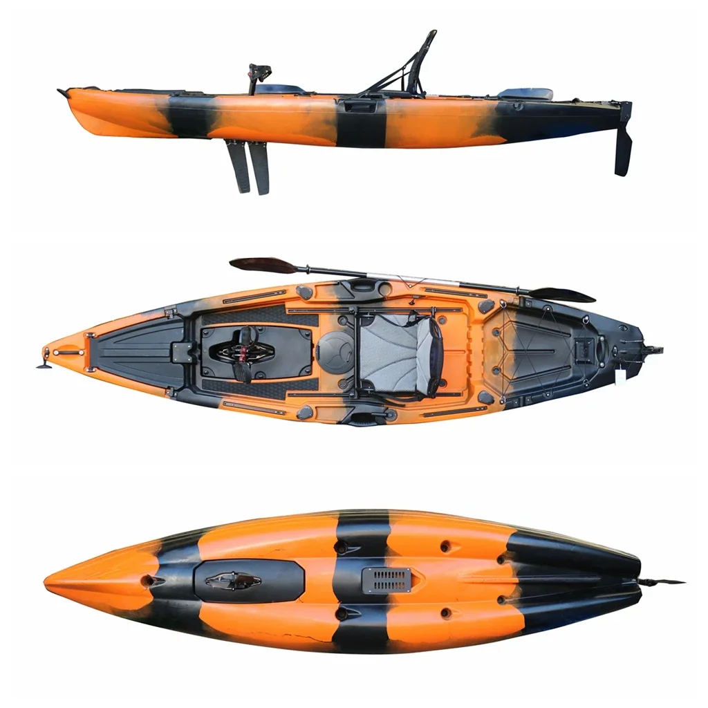 Single Pedal Kayak Cheap Wholesale 3.6m Sit-On-Top Fishing Boat with Rudder System Plastic Hull Lldpe Material