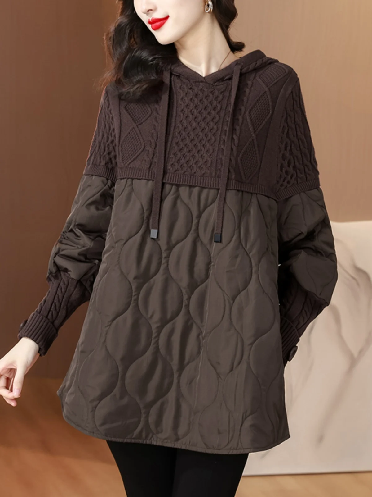 

Large Size Women's Autumn Winter New Sle Hooded Knitted Patchwork Cotton Jaet Simple Loose Medium Length Cotton Coat
