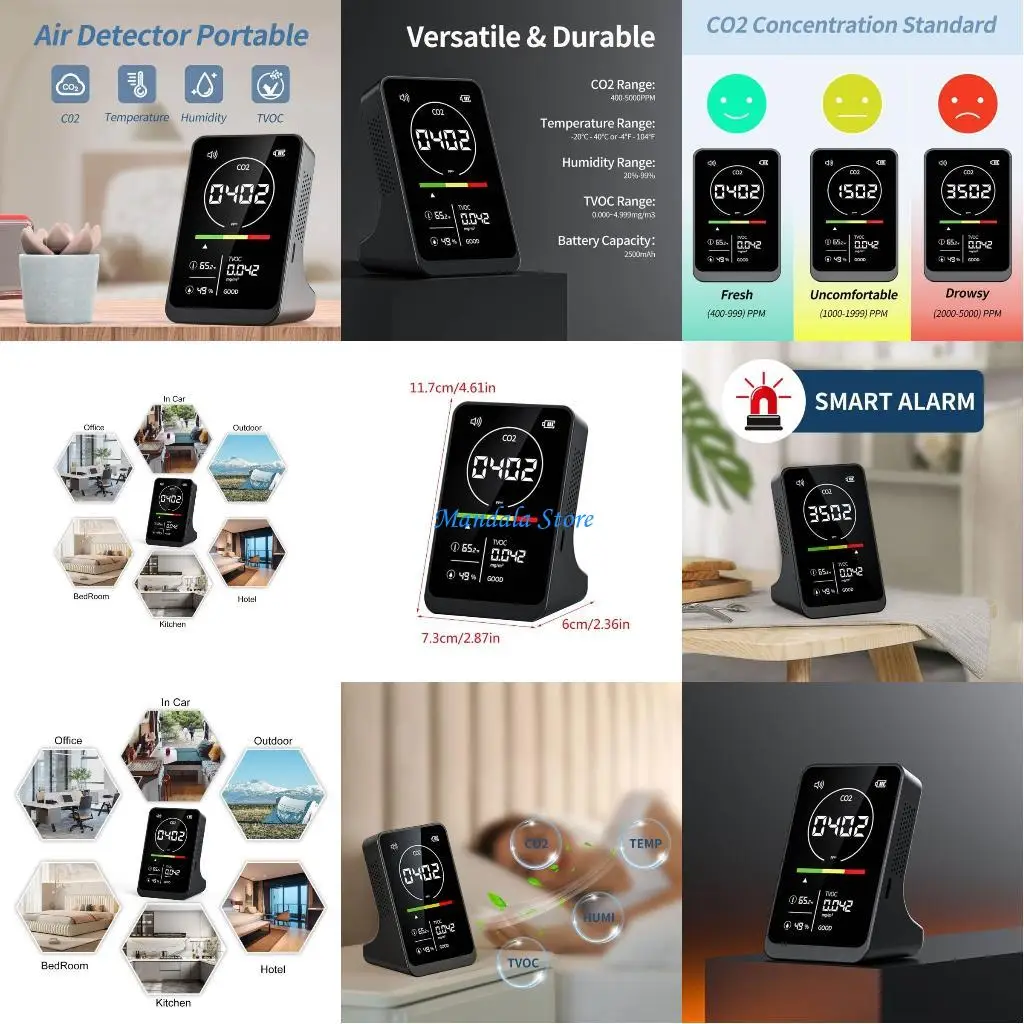 

U2JC Carbon Dioxide Detector with Alarm Indoor CO2 Tester Tests Temperature Humidity TVOC Digital Display Air Quality Meter