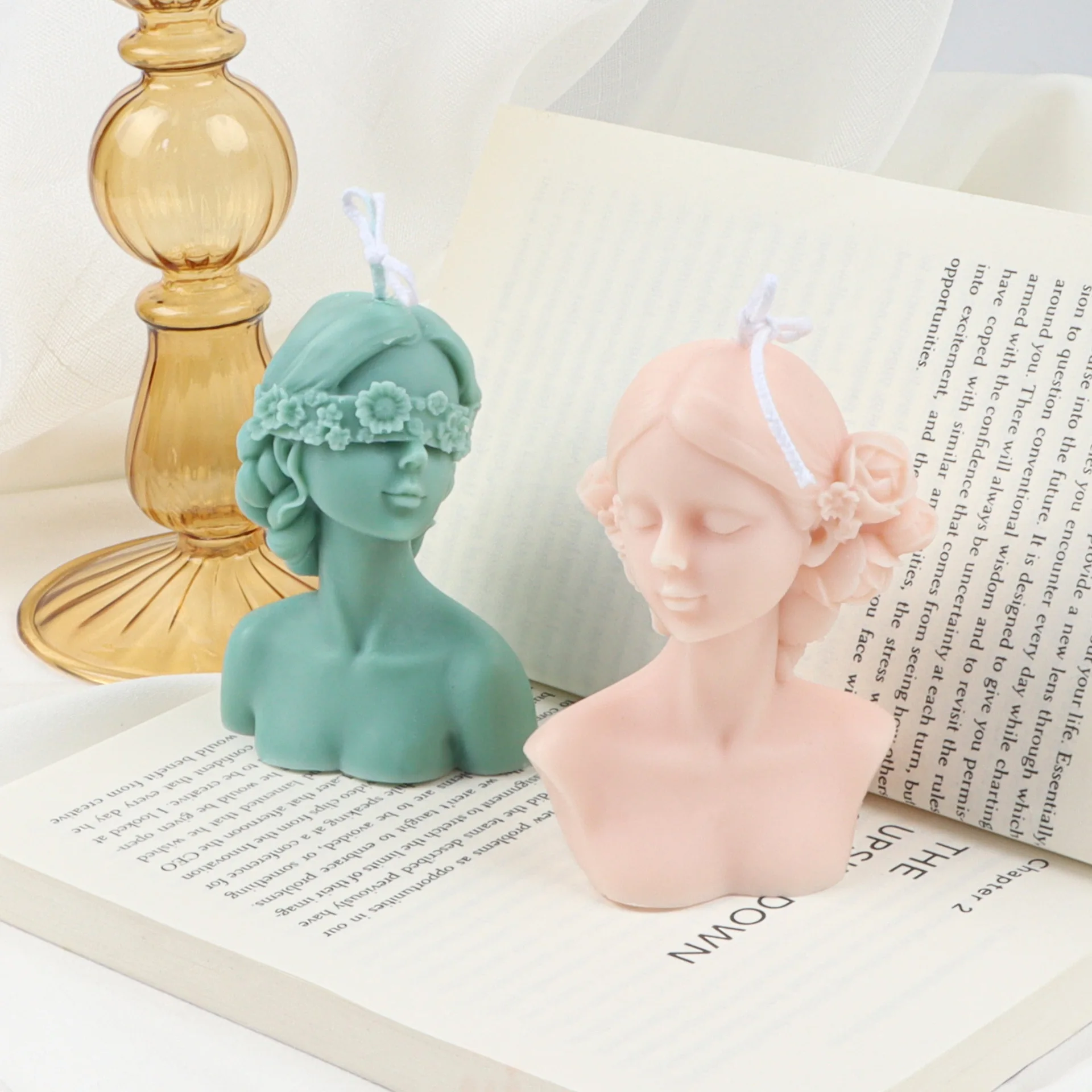 Blinded Braid Girl Silicone Candle Mold Closed Eyes Flower Half Body Beauty Aromatherapy Resin Mold Home Decoration Ornaments
