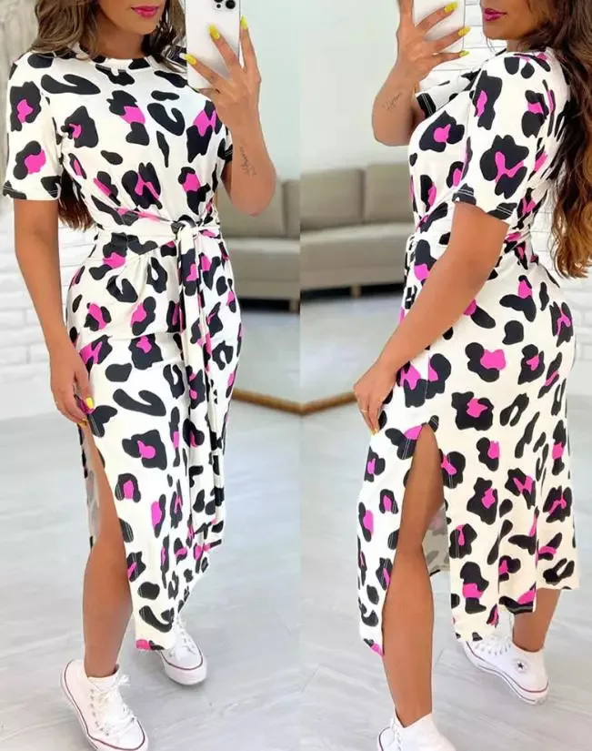 Leopard Bodycon Dress Women Split Summer Party Dresses Round Neck Long Sleeve Casual Loose Elegant A Line Long Y2k Vestidos