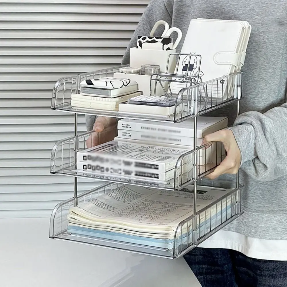 2/3 Tier Clear Desktop Organizer Durable Space Saving File Paper Holder Sturdy Plastic Book Storage Rack Desk Accessories