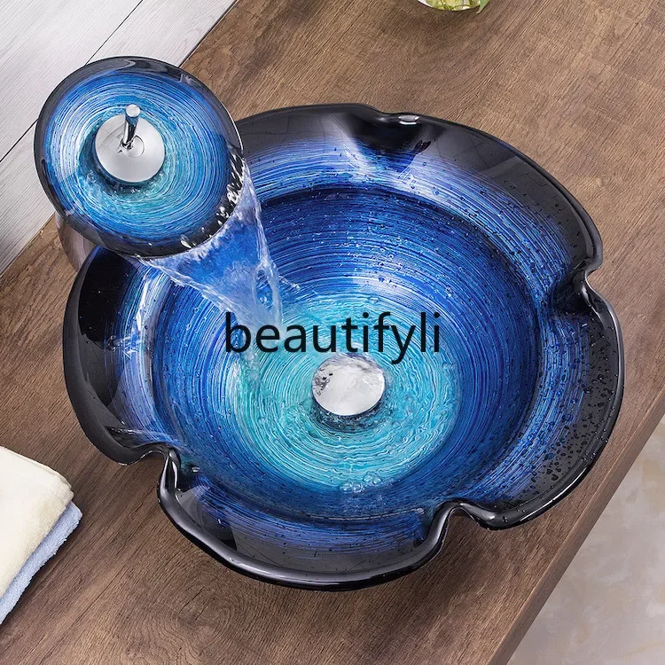 

ss Ванная комната современный простой умывальник из закаленного стекла столешница умывальник креативное искусство большая круглая шляпа красная