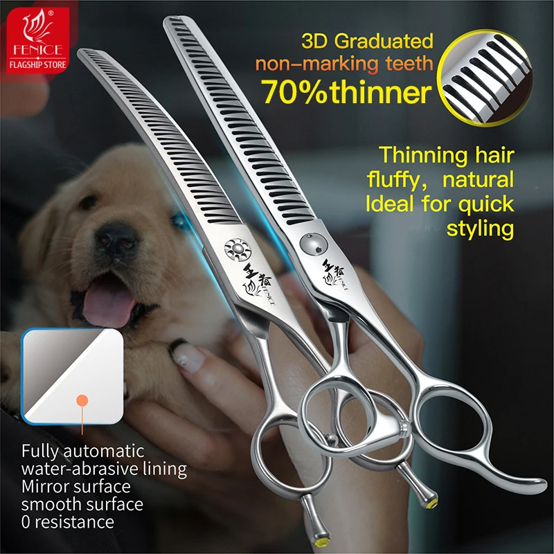 

Fenice 7/7.5 Inch VG10 Steel 3D Gradient Traceless Dog Grooming Natural Curved Chunker Scissors Bearing Screws Pet Scissors 70%