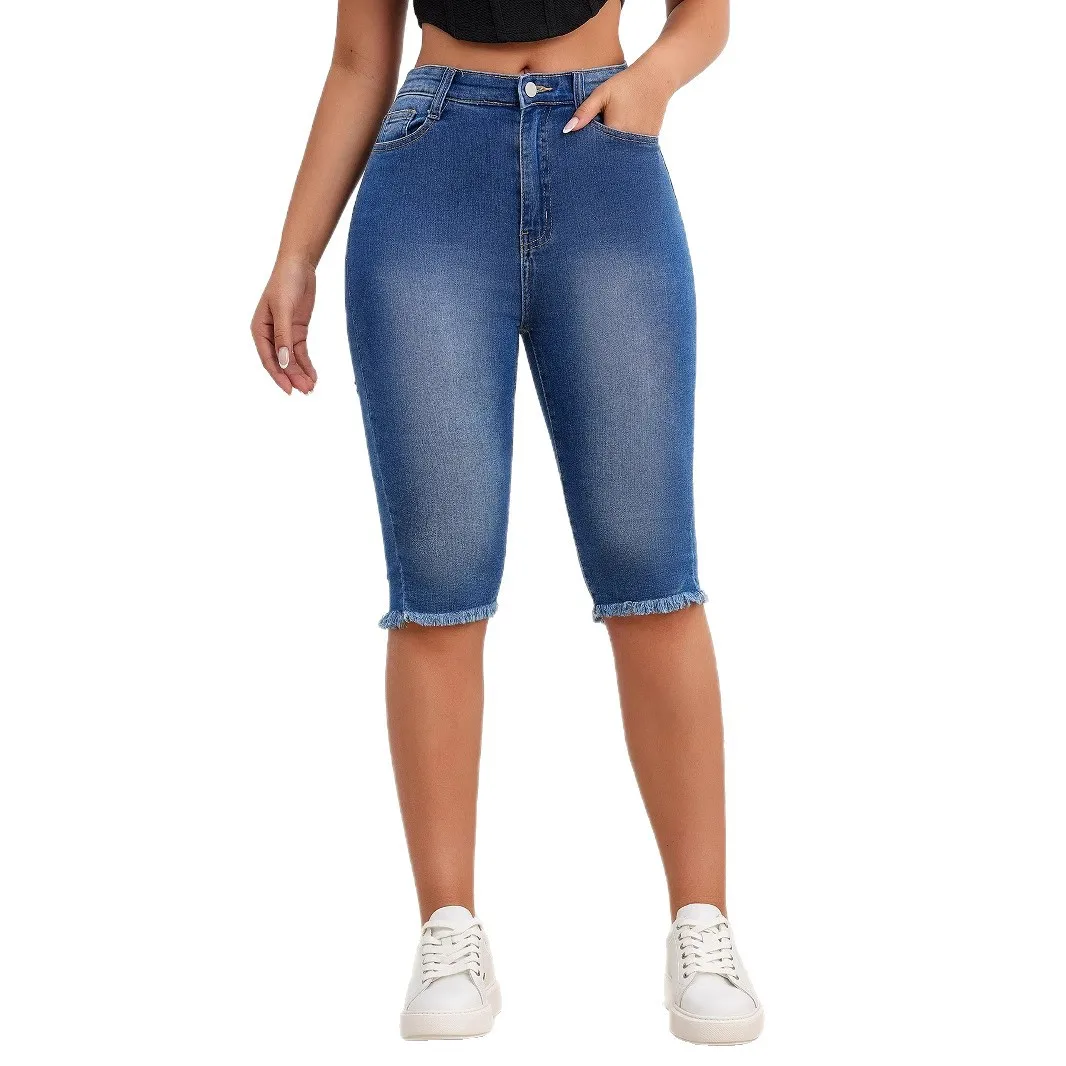 Jeans donna denim lunghezza al ginocchio sexy scava fuori effetto lavato skinny pantaloni dritti elasticizzati a vita media 2025 streetwear estivo