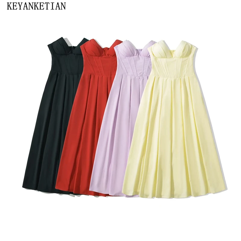 

KEYANKETIAN 2024 New Launch Women Strapless Corset MIDI Dresses Fashion Sexy Fishbone Patchwork Sleeveless Sheath Pleated Dress