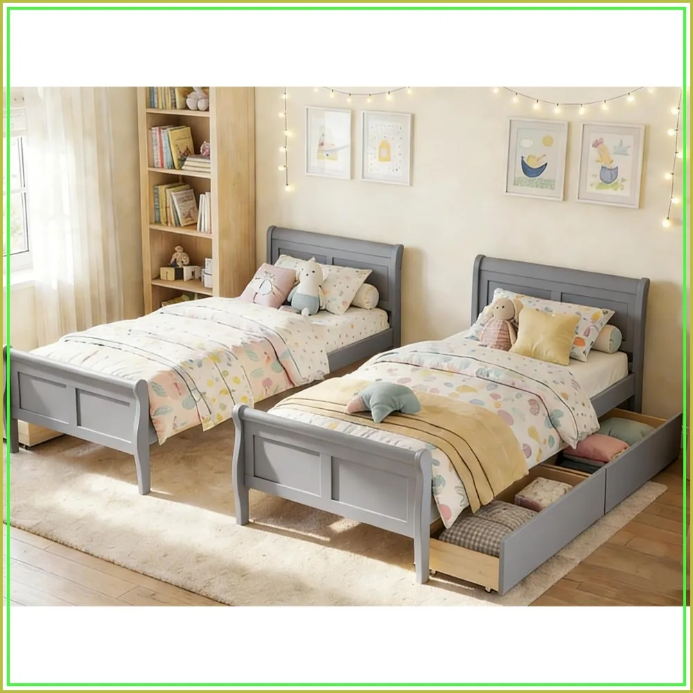 Twin Storage Bed with 2 Drawers, Wood Frame with Headboard, Slats, No Box Spring Needed, Grey