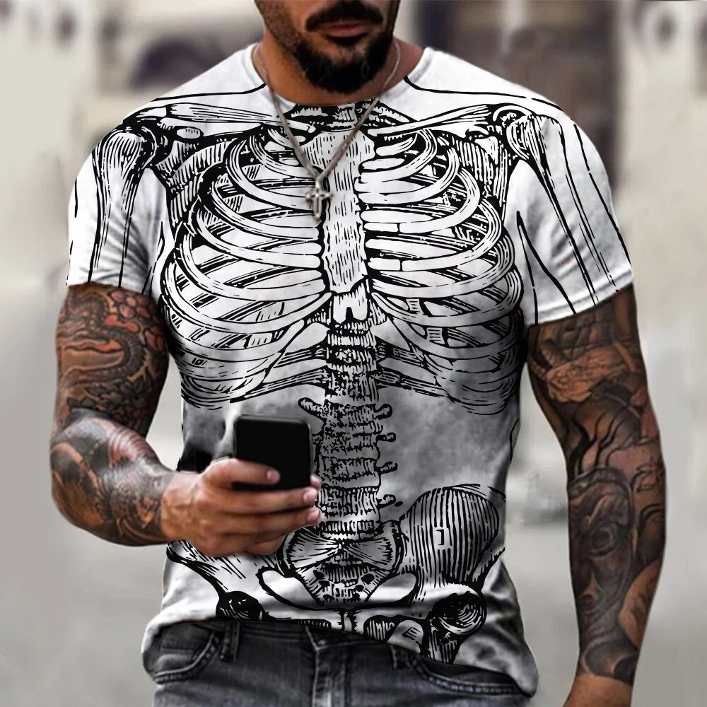 Camisetas de esqueleto de terror para hombres y mujeres, ropa de calle con estampado 3D de hueso aterrador, camiseta de manga corta de gran tamaño a